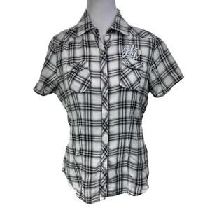 Harley Davidson Plaid Snap Front Plaid Top Short Sleeve Black Gray White Small